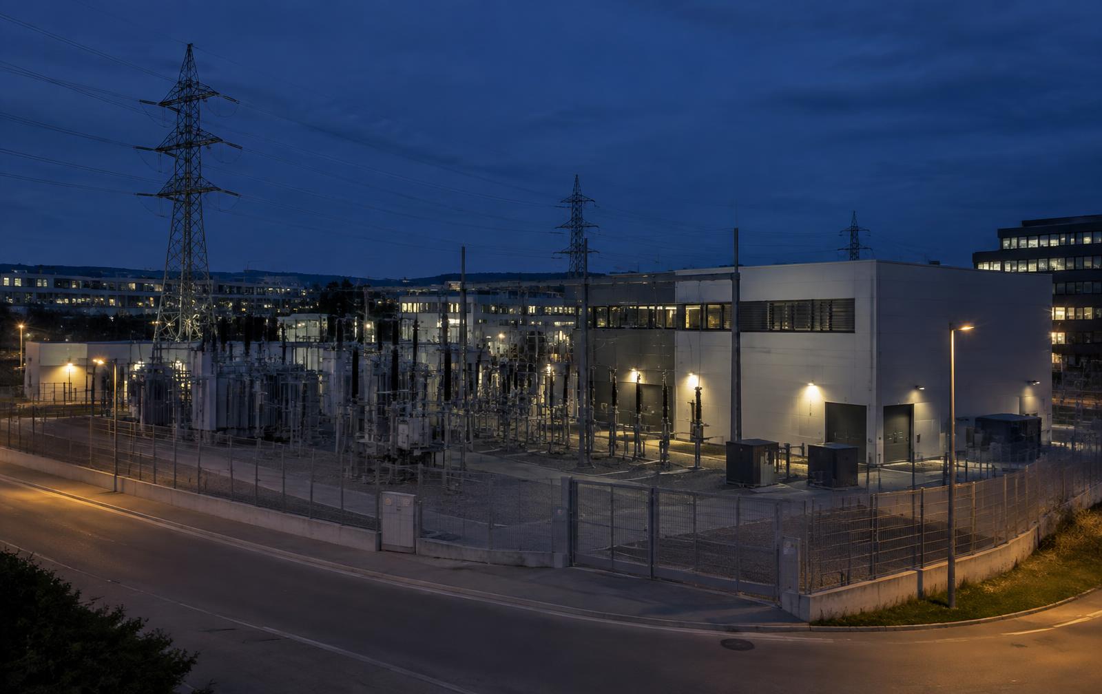 European electrical substation and technical buildings at blue hour