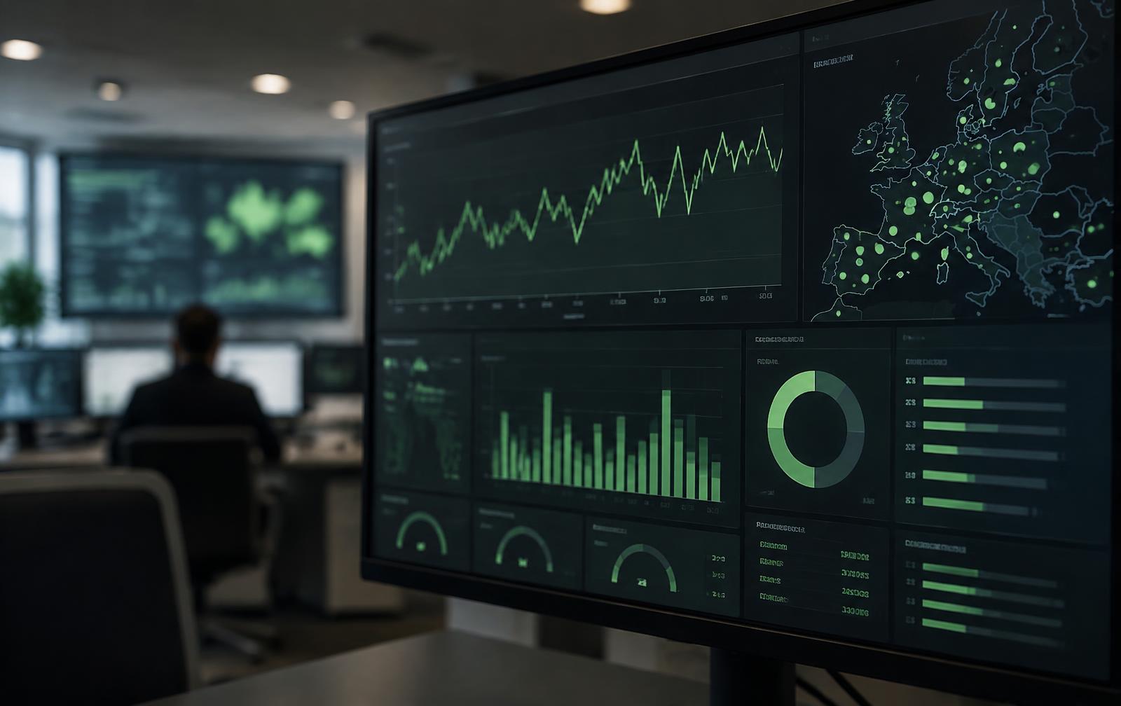 Energy monitoring dashboard displaying consumption charts on a control-room screen