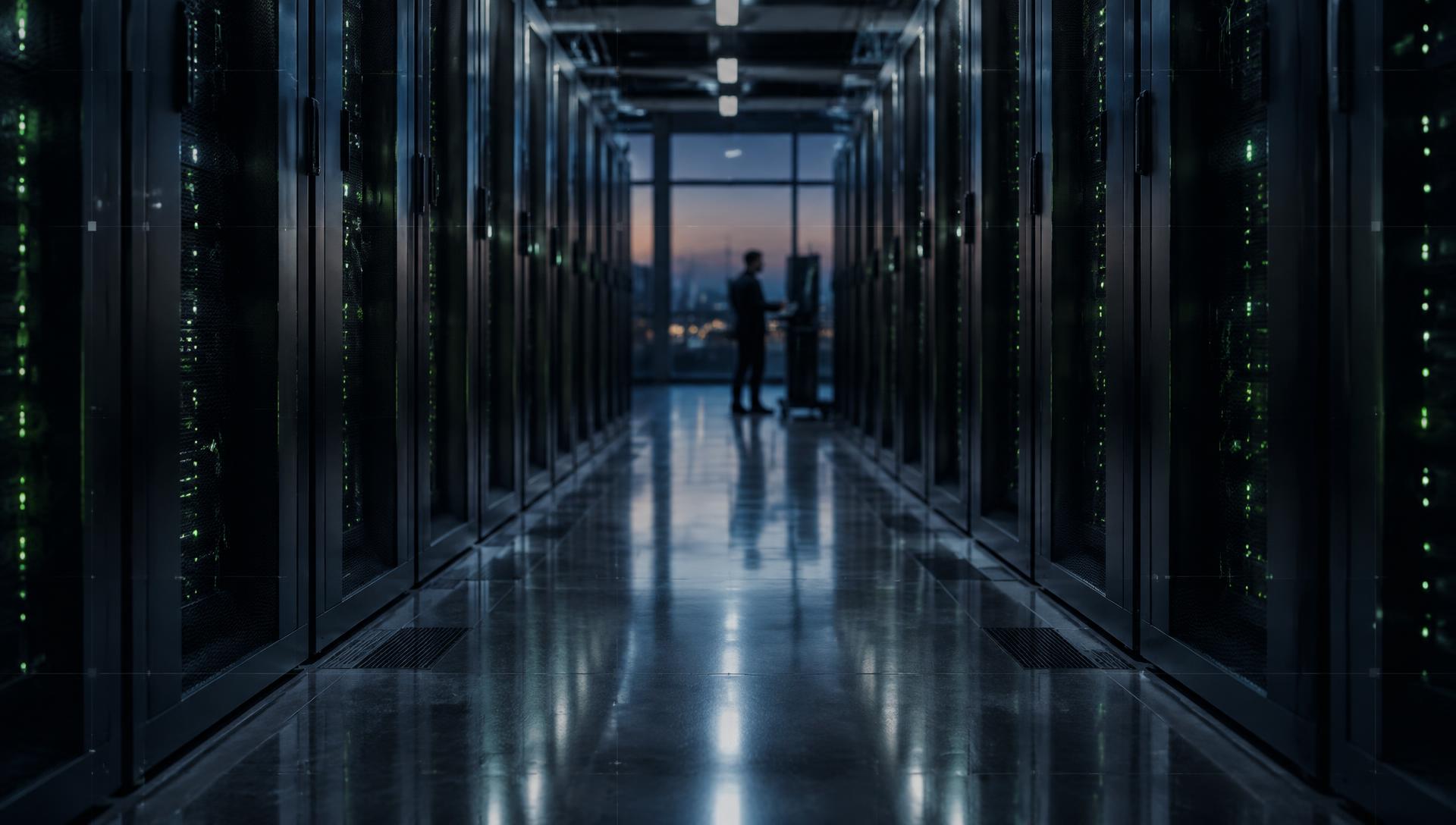 Server racks in a European data centre corridor at dusk, an operator working at the far end